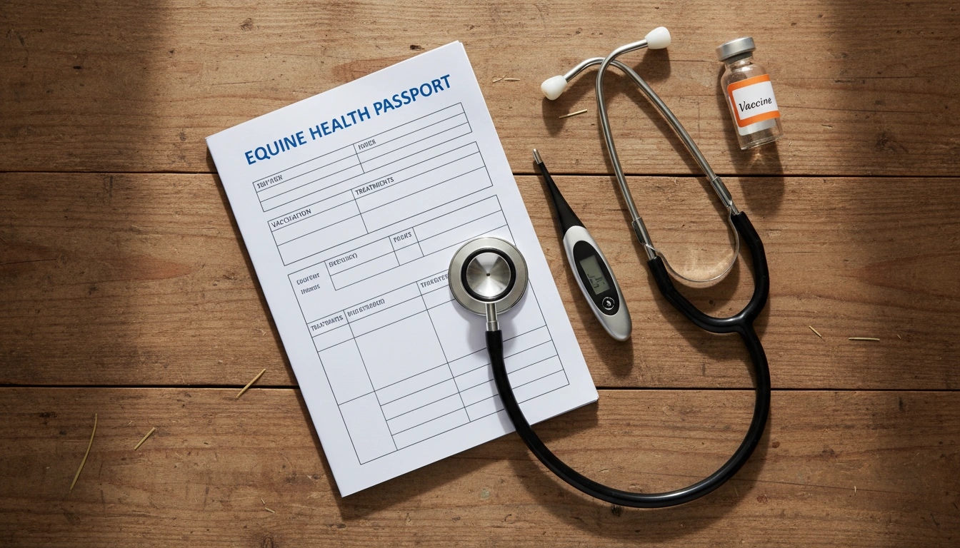 A set of equine health records and medical supplies used in the process of how to keep horses healthy.