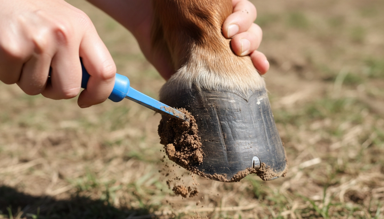 A person using a hoof pick to clean a horse's foot, a daily habit for how to keep horses healthy and sound.
