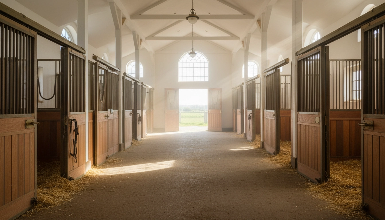 A clean, bright horse stall with fresh bedding and open windows, illustrating how to keep horses healthy in a stable environment.