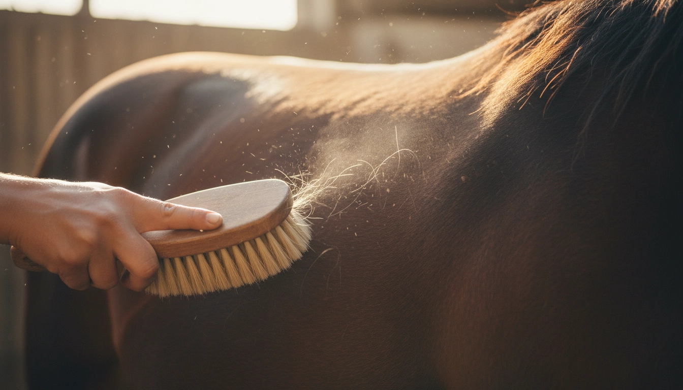 A person brushing a horse's shoulder, an essential part of the daily routine for how to keep horses healthy.