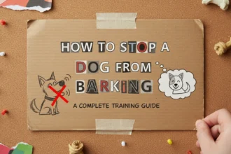 A candid, slightly blurry photo of a brown dog barking at a window in a messy living room, providing a guide on How to stop a dog from barking?.