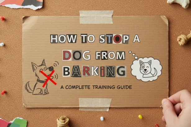 A candid, slightly blurry photo of a brown dog barking at a window in a messy living room, providing a guide on How to stop a dog from barking?.