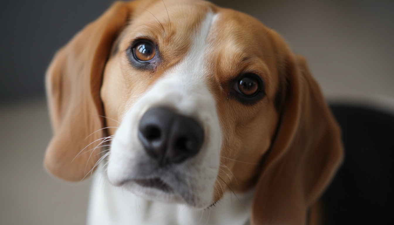 A close-up of a Beagle tilting its head and lifting its ears as if listening or preparing to bark.