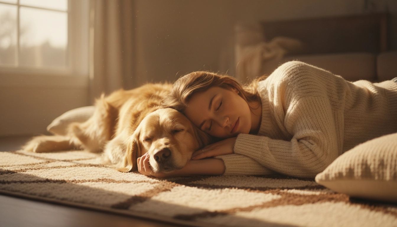 A happy owner petting their quiet, relaxed dog on a living room rug.