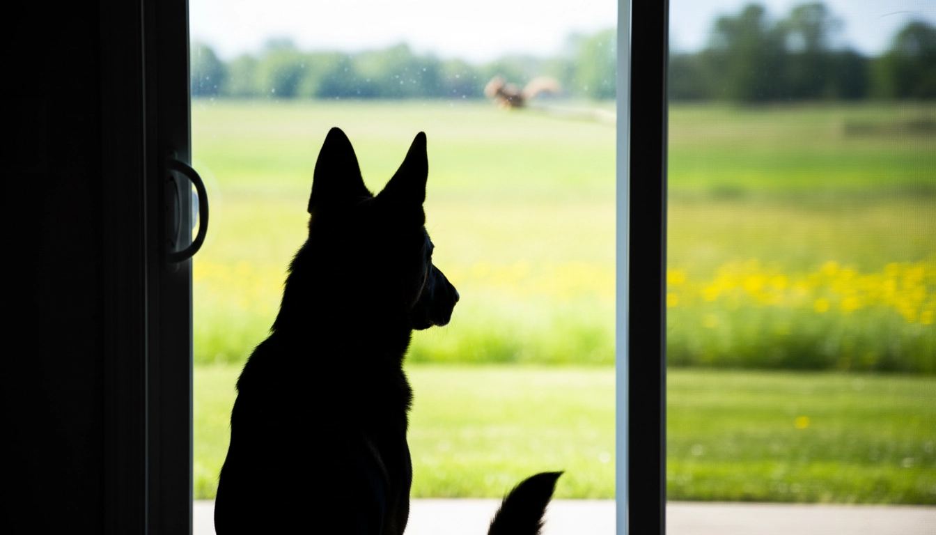 A dog looking through a glass door at a squirrel outside, illustrating how to stop a dog from barking by identifying triggers.