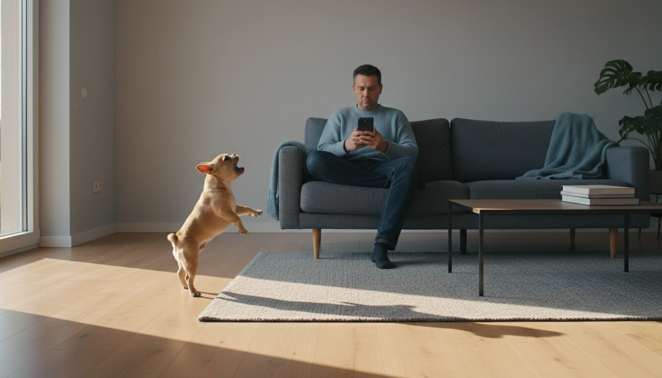 A small dog standing on its hind legs barking at a person sitting on a sofa holding a phone.