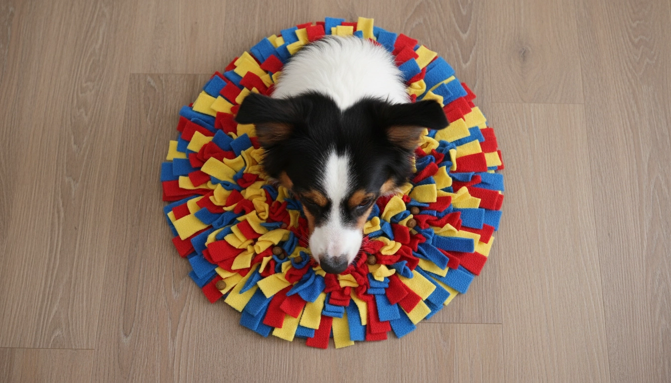 A focused Australian Shepherd using its nose to find treats in a colorful snuffle mat.
