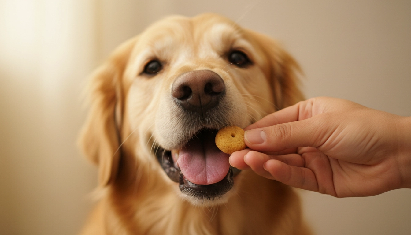 A person's hand giving a small treat to a sitting, calm dog to reinforce the quiet command.
