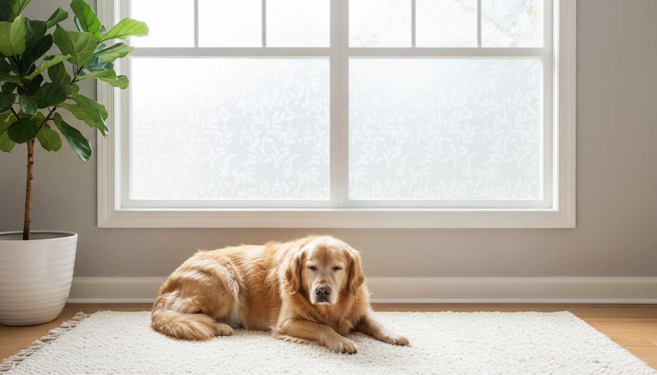 A window with decorative frosted film applied to the bottom half, blocking a dog's view of the street.