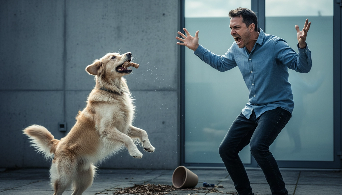 A frustrated person shouting "Quiet!" at a dog, which only makes the dog bark louder.