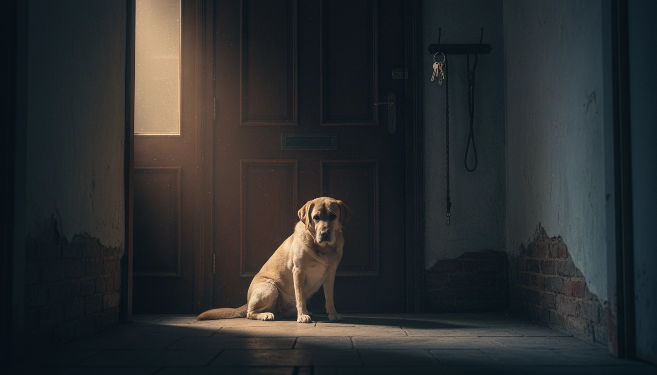 A lonely dog sitting by a front door with a sad expression, indicating potential separation anxiety.