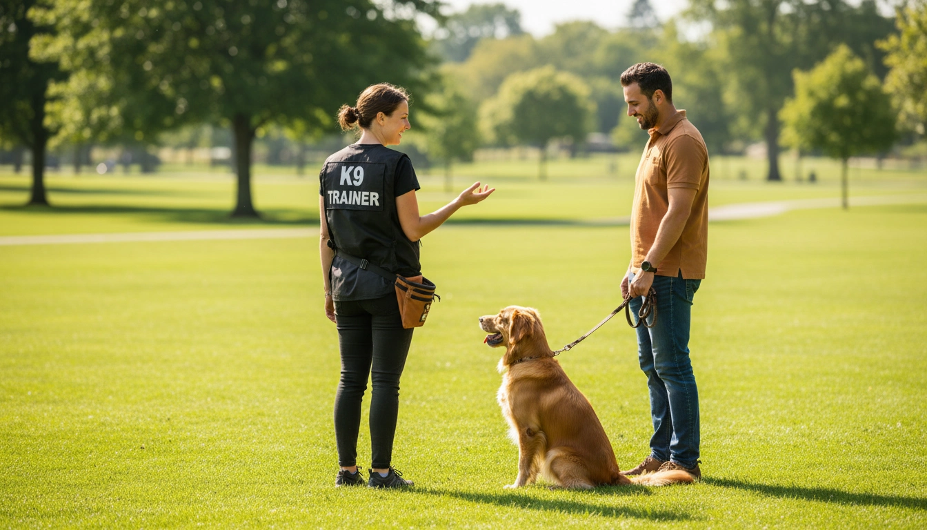 A professional dog behaviorist wearing a vest working with a dog and its owner in a park.