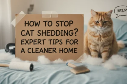 A fluffy ginger cat sitting on a carpet next to a large pile of its own brushed-out hair, showing the reality of how to stop cat shedding?.