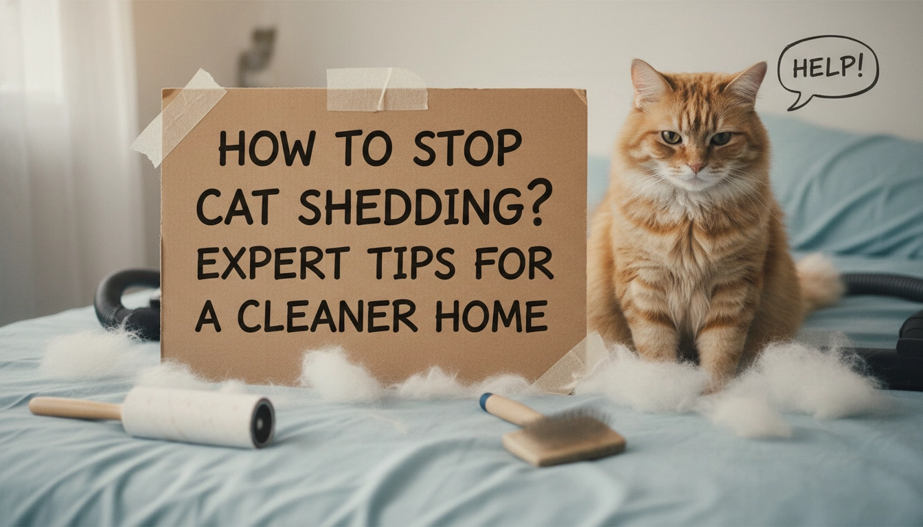 A fluffy ginger cat sitting on a carpet next to a large pile of its own brushed-out hair, showing the reality of how to stop cat shedding?.