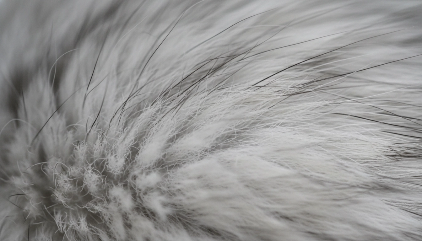 A macro photograph showing the dense layers of a cat's coat, including the guard hairs and soft undercoat.