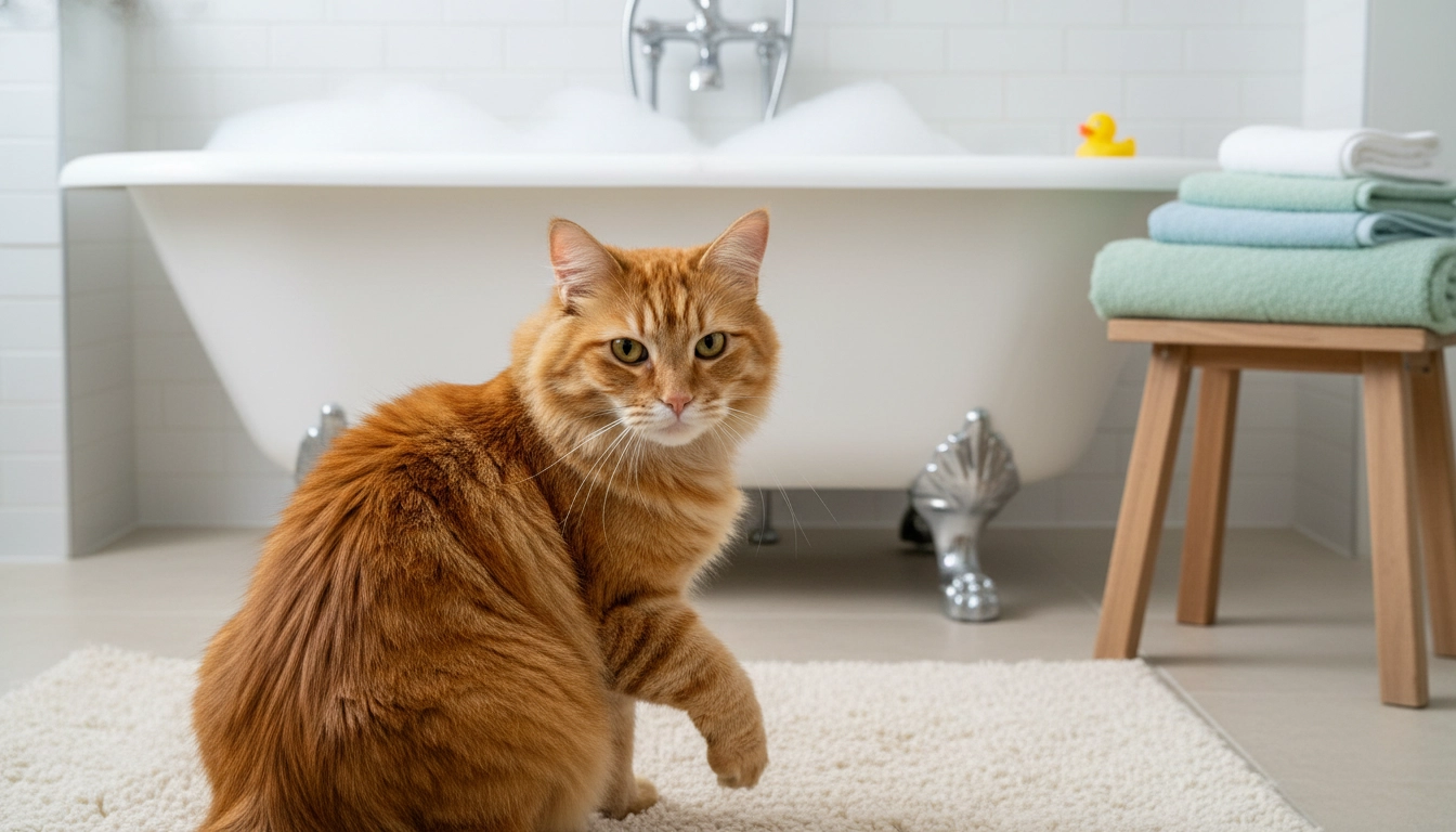 A cat sitting on the edge of a bathtub looking wary, illustrating why over-bathing is a mistake.