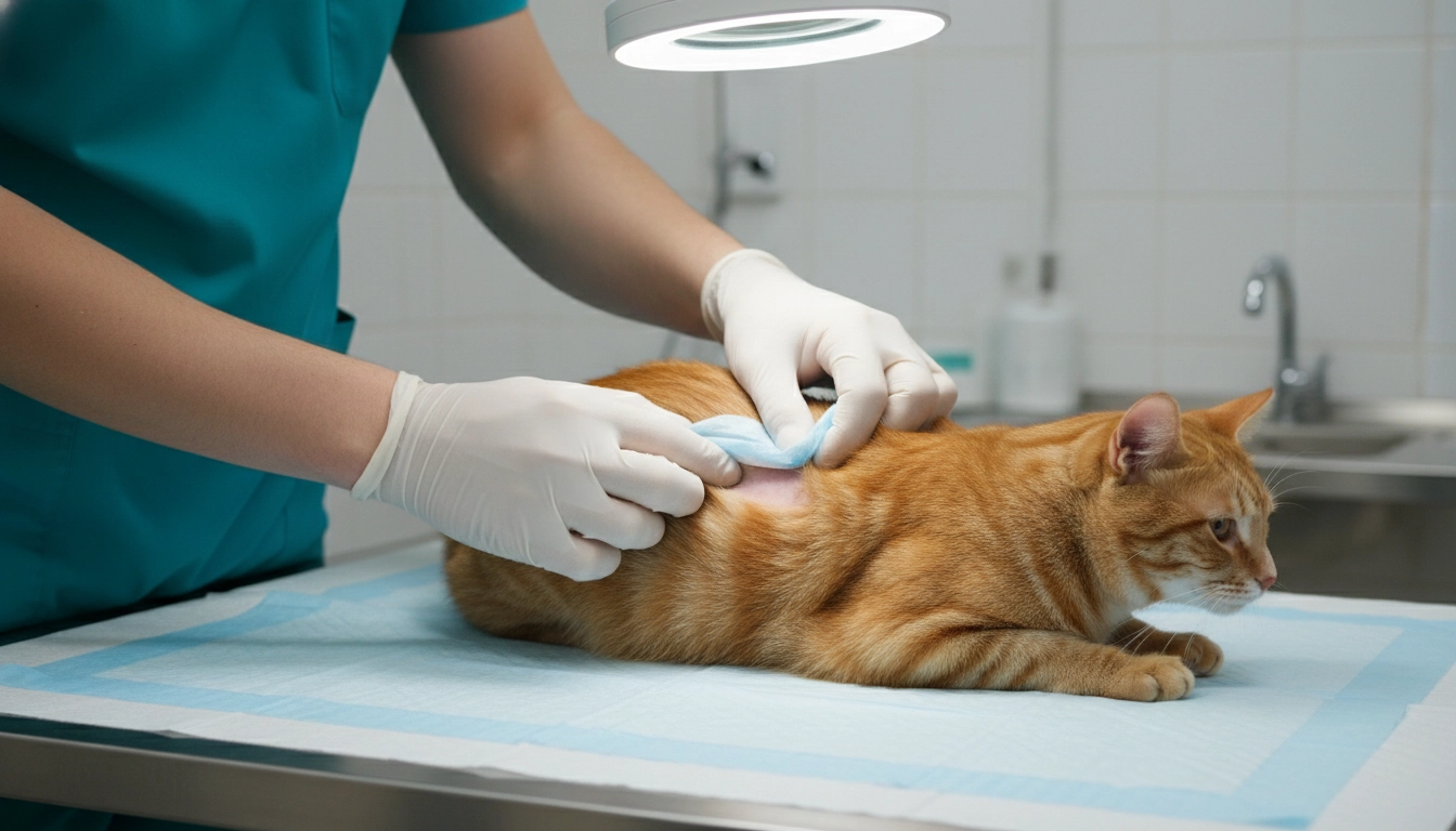 A veterinarian's hands gently examining a cat's skin and coat during a clinical exam.