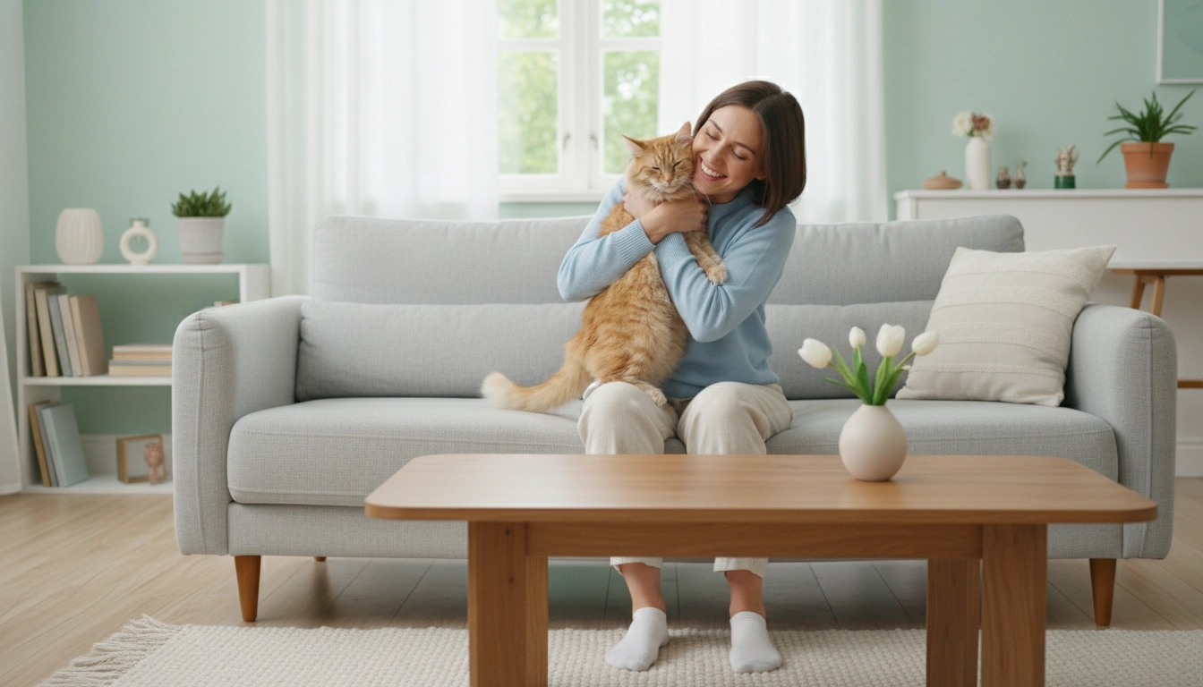 A person smiling and hugging their cat in a clean, sunlit living room.
