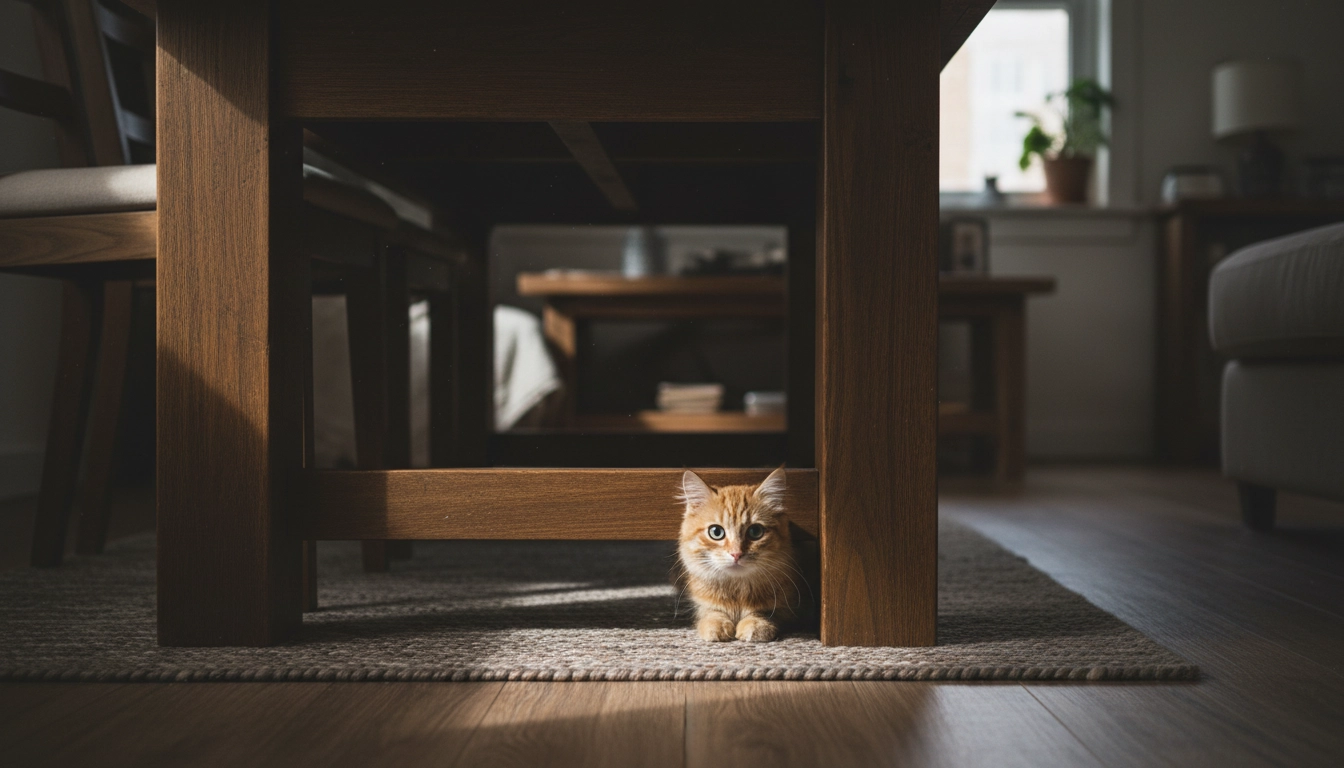 A cat looking slightly anxious while peeking out from under a wooden coffee table in a living room.
