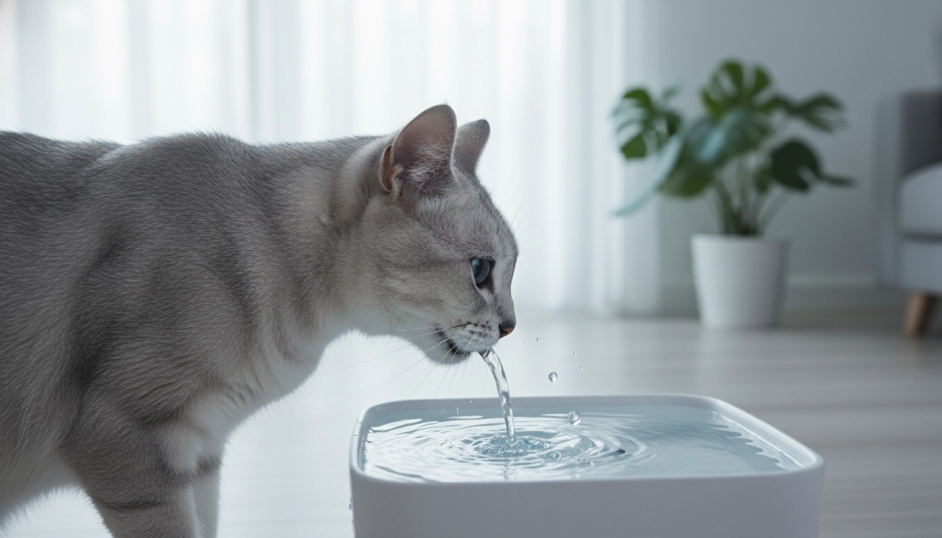 A domestic cat drinking fresh running water from a ceramic pet fountain to stay hydrated.