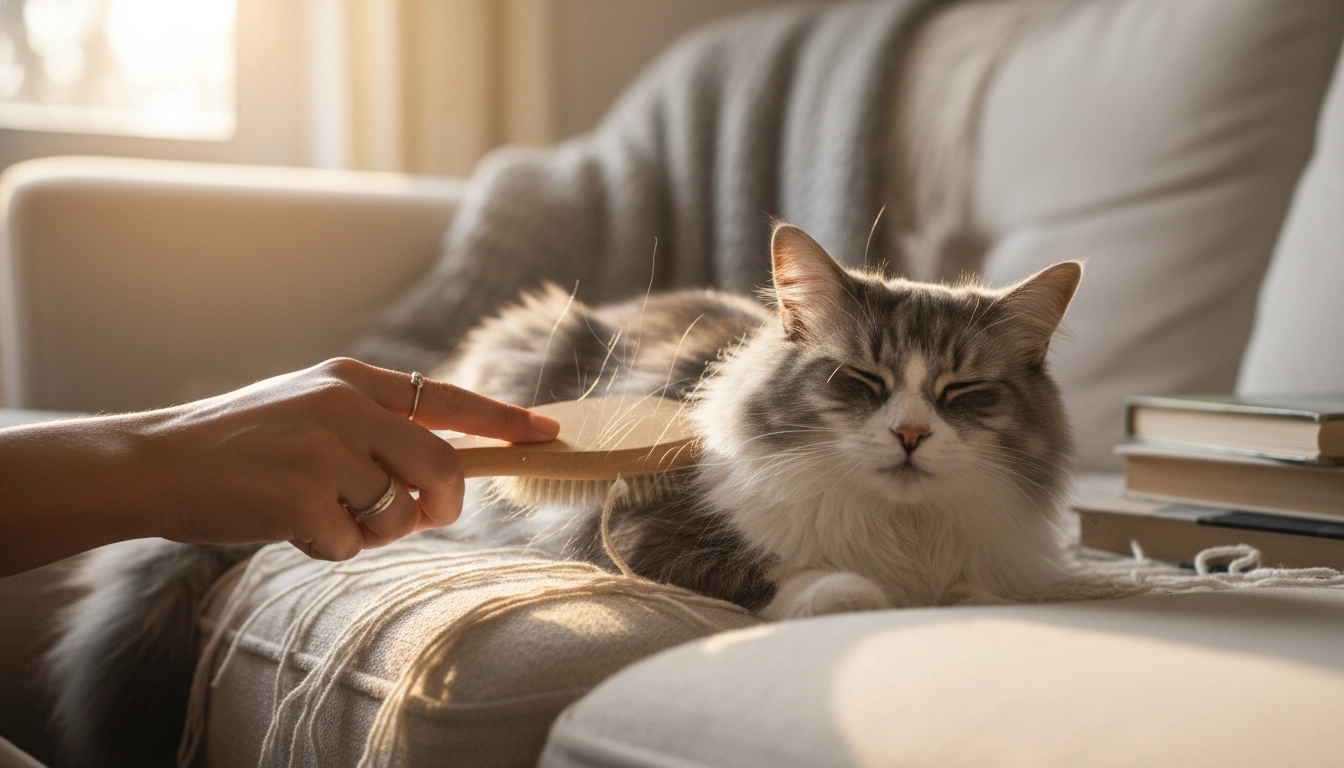 A person's hand using a soft brush to groom a relaxed cat lounging on a grey sofa.