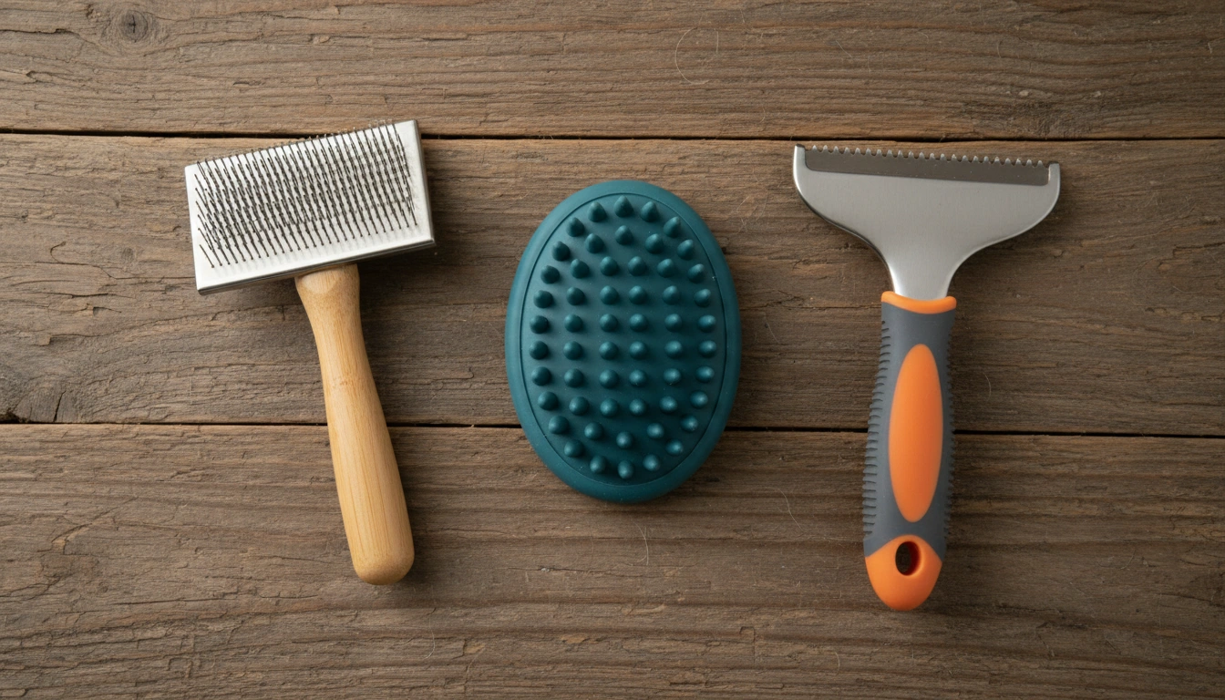 A variety of pet grooming tools including a slicker brush, a rubber curry comb, and a de-shedding tool laid out on a table.