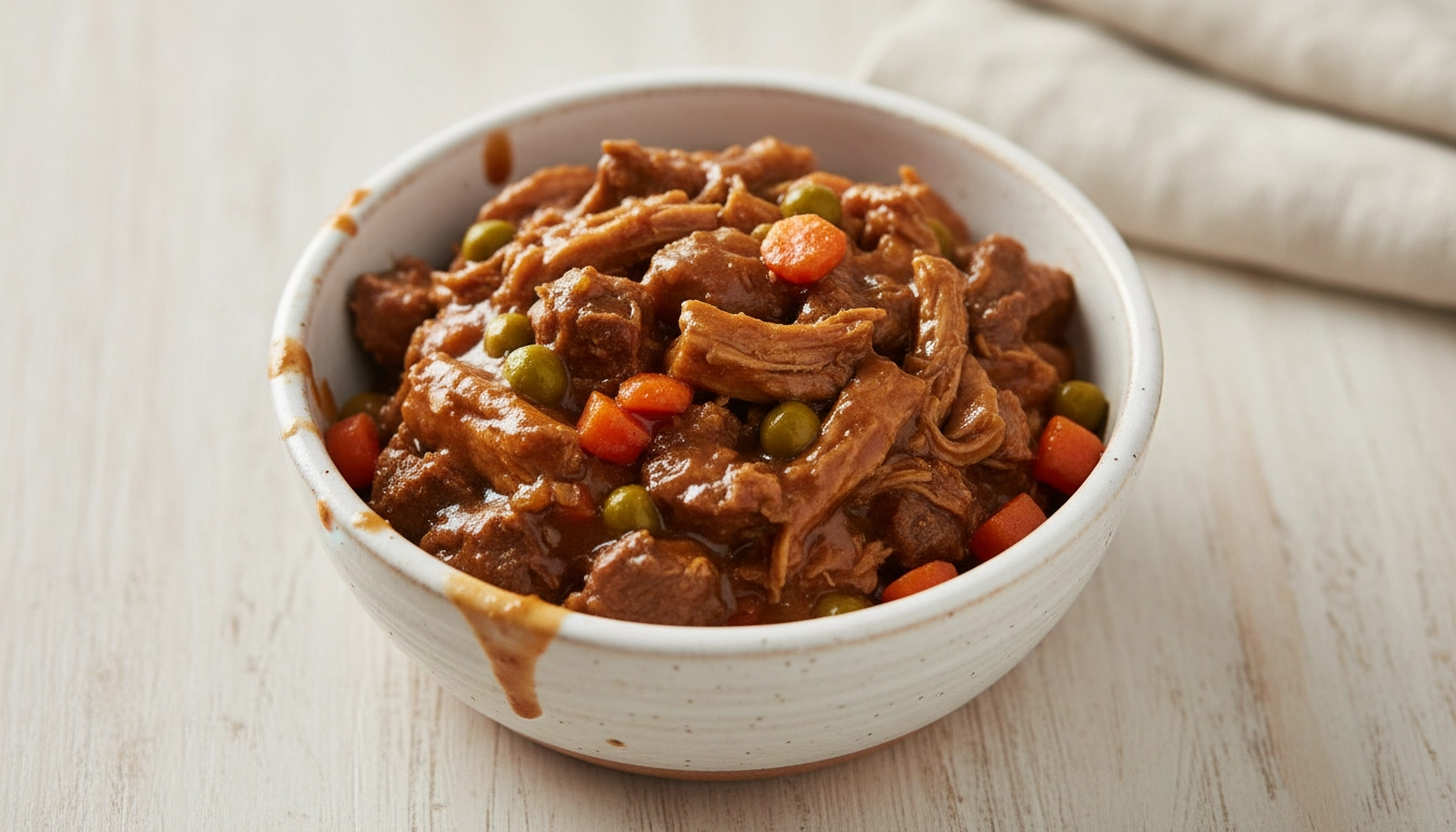A bowl of high-quality wet cat food with visible chunks of meat, positioned next to a healthy cat.