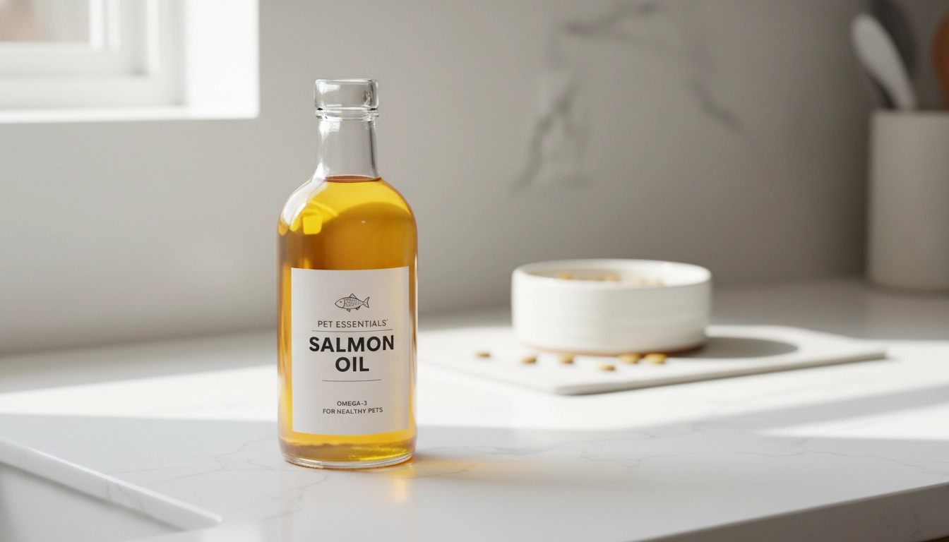 A bottle of salmon oil with a pump dispenser sitting next to a cat's food dish.