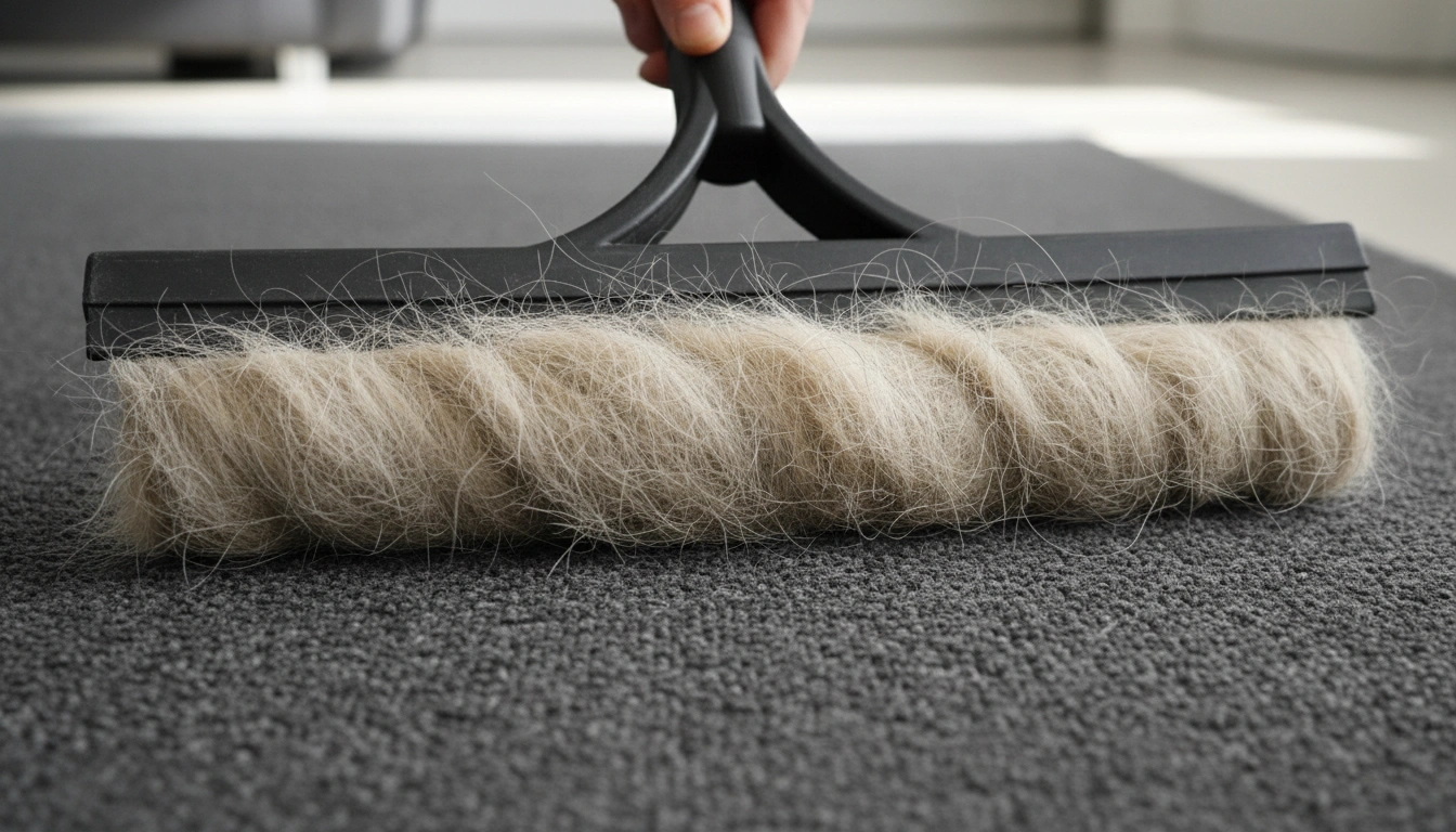 A hand using a rubber squeegee to pull a thick line of cat fur off a dark-colored rug.