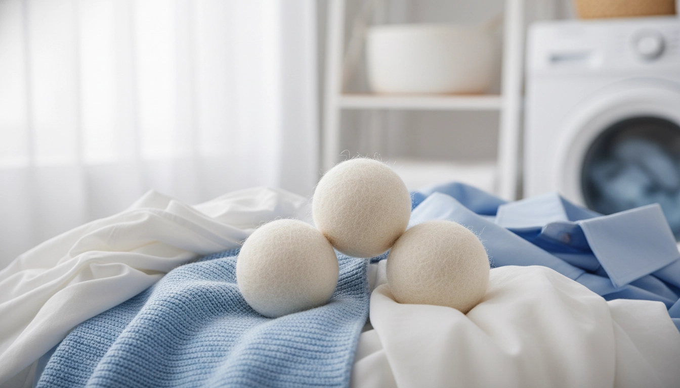 A set of white wool dryer balls sitting on top of a pile of clean laundry to help remove pet hair.