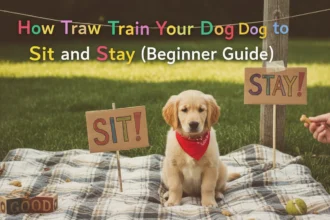 A real-life photo showing a person using a treat to learn How to Train Your Dog to Sit and Stay (Beginner Guide) in a cozy living room.
