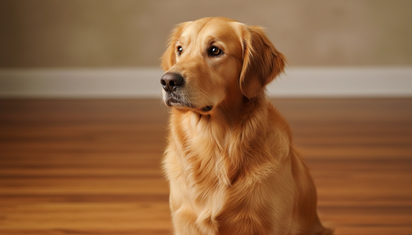 A close-up of a dog sitting and looking intently at its owner, demonstrating impulse control.