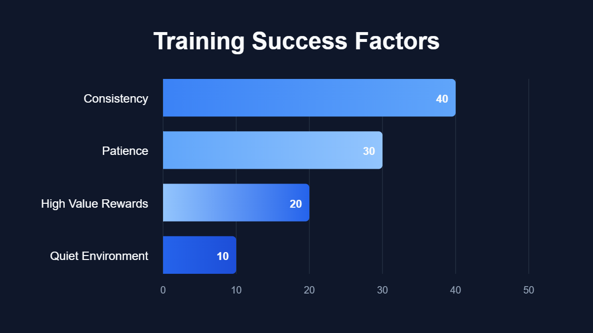 A pie chart titled "Training Success Factors" showing data for Consistency, Patience, High Value Rewards, Quiet Environment.