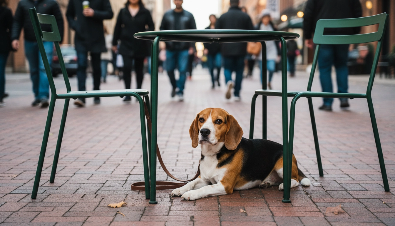A well-behaved dog sitting quietly under a table at an outdoor cafe while people walk by.