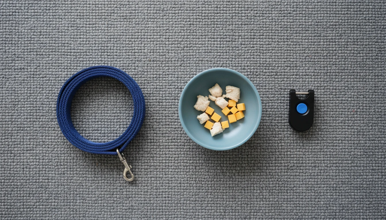 Small pieces of boiled chicken in a bowl next to a dog training clicker on a non-slip rug.