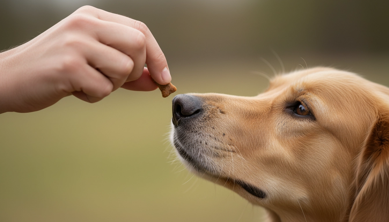 A hand holding a treat just above a dog's nose, tilting back to guide the dog into a sitting position.