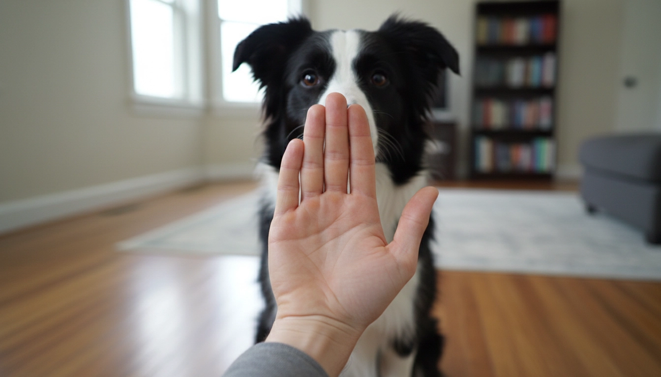 An owner's open palm facing a sitting dog, signaling the stay command.