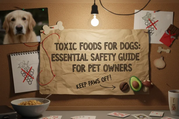 A homemade photo of a dog looking at chocolate and onions on a counter, illustrating the dangers of Toxic foods for dogs.