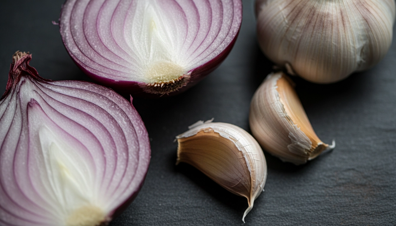 A close-up of garlic bulbs and a sliced onion, representing hidden toxins for pets.