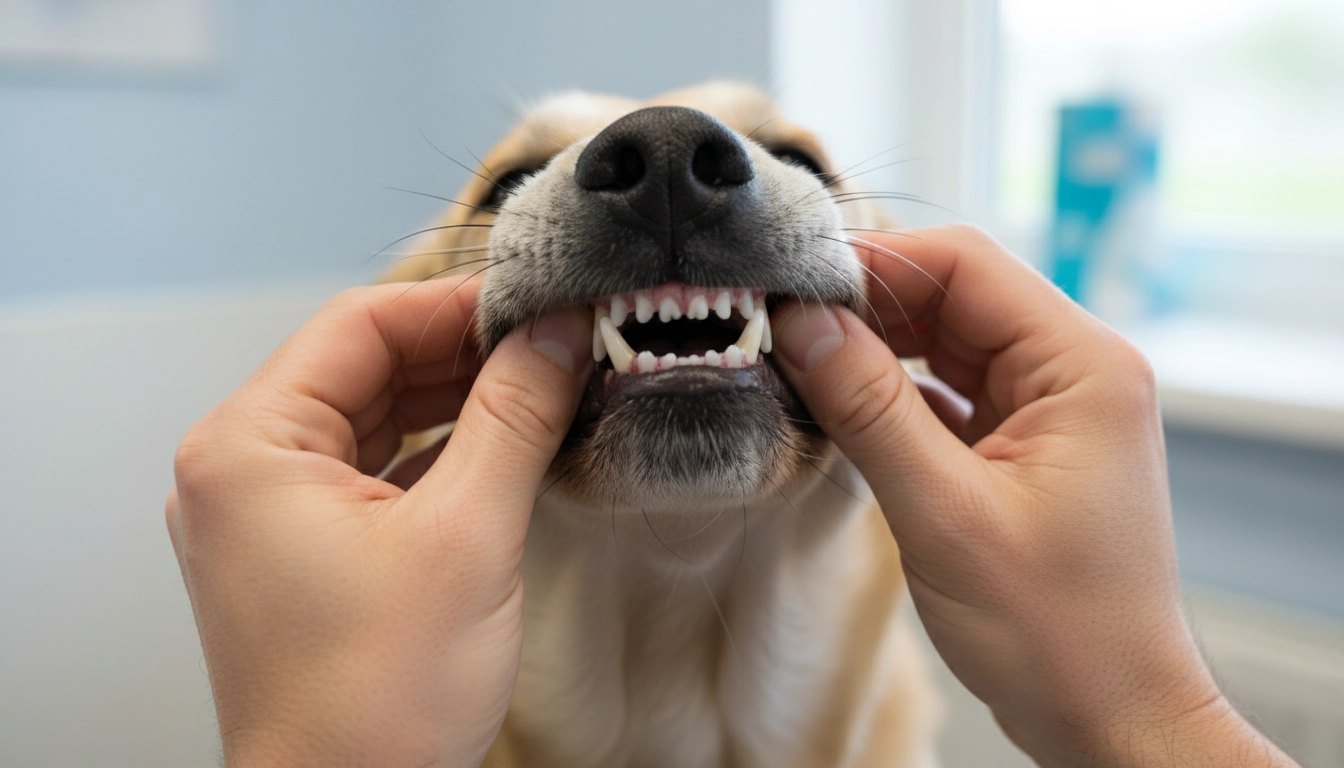 A person gently lifting a dog's lip to inspect the color of its gums for signs of toxicity.