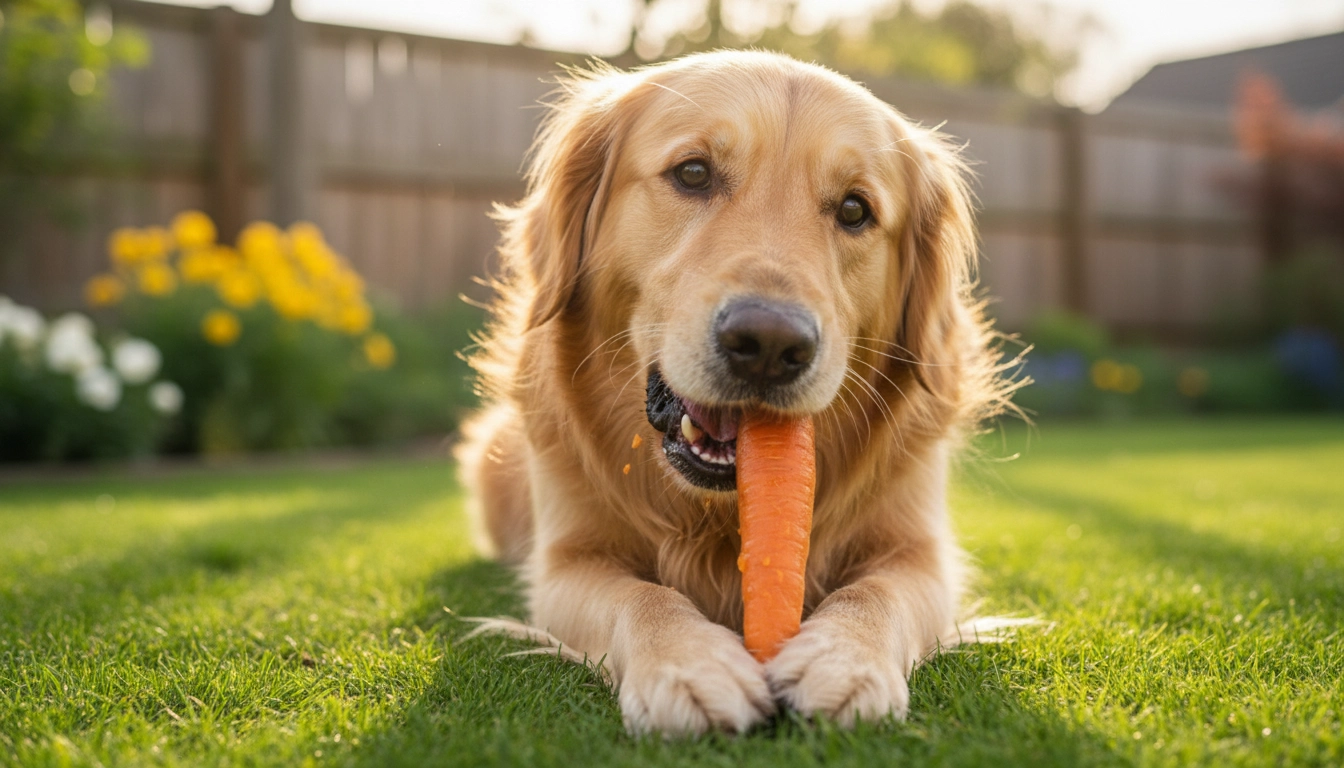 A happy dog taking a bite of a raw, crunchy carrot as a safe treat alternative.