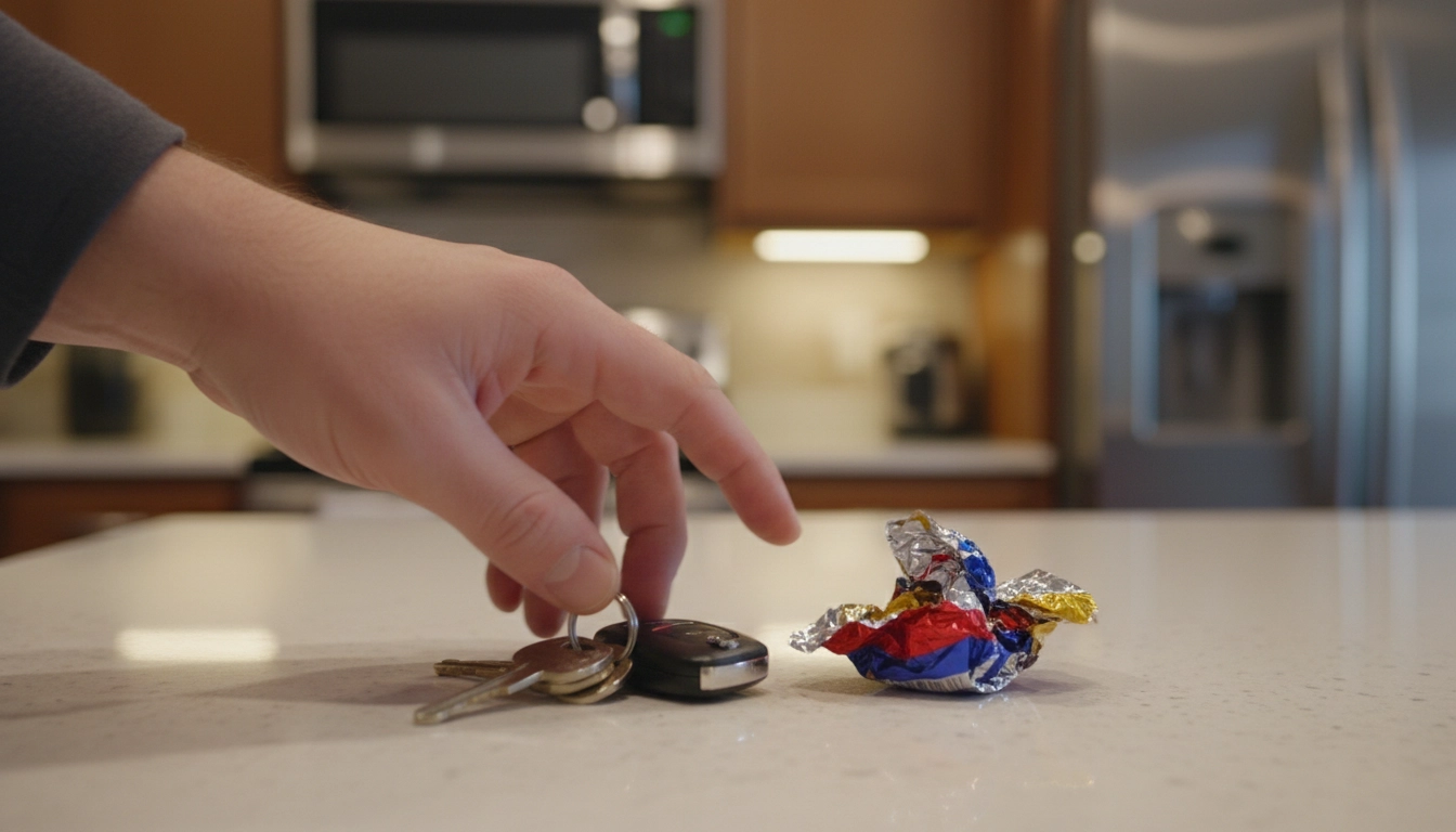 A hand reaching for car keys and a crumpled chocolate wrapper on a table, signifying an emergency vet visit.