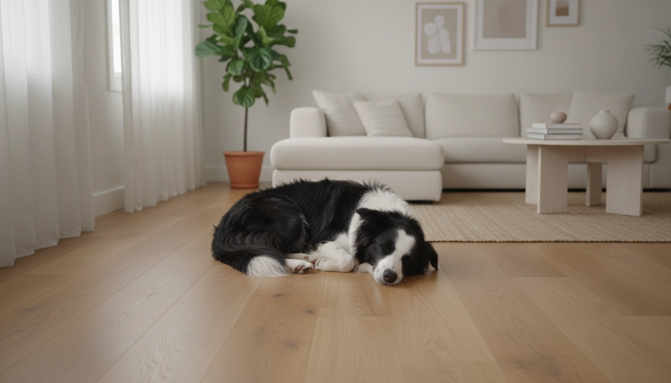 A healthy, content dog resting on a rug in a safe, clean living room environment.