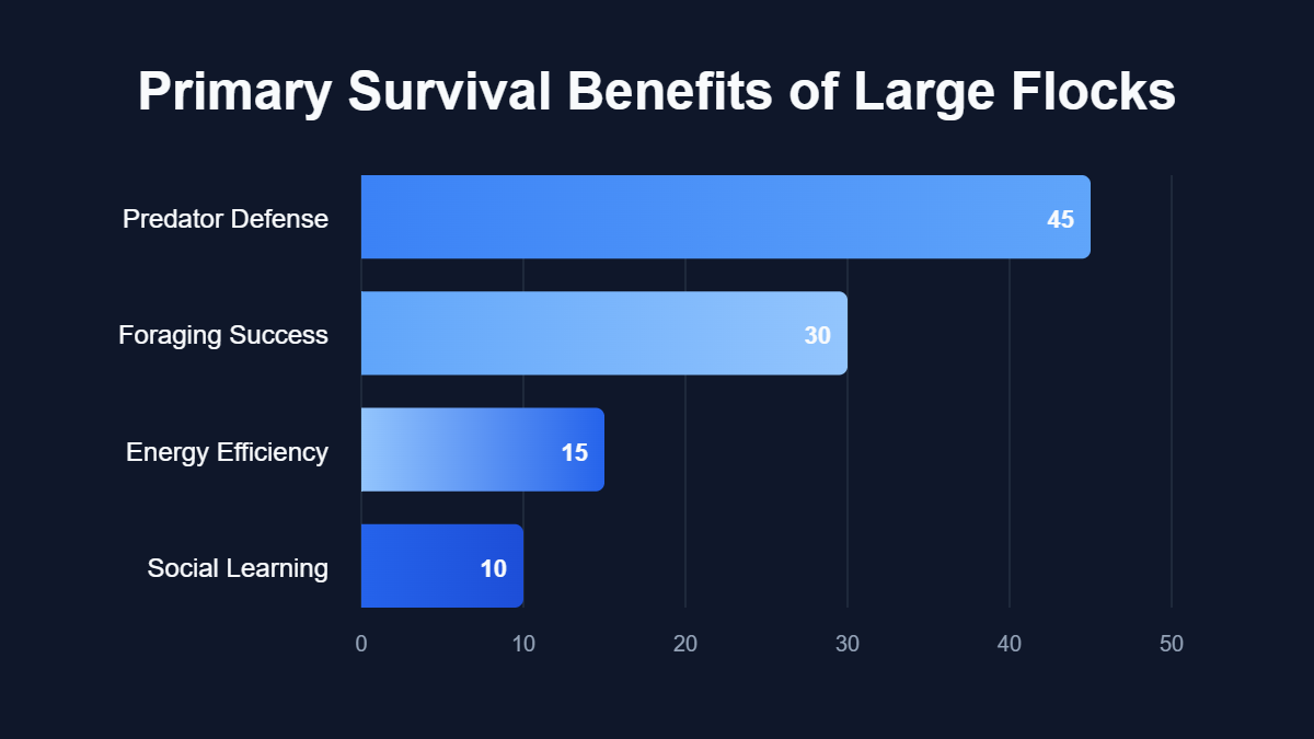 A bar chart titled "Primary Survival Benefits of Large Flocks" showing data for Predator Defense, Foraging Success, Energy Efficiency, Social Learning.