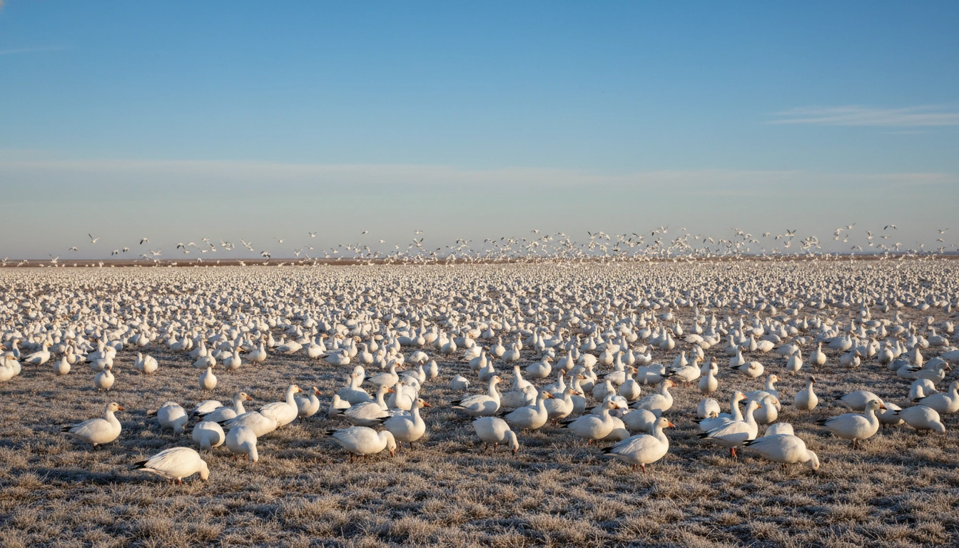 Thousands of white Snow Geese covering a brown agricultural field, looking like a blanket of snow.