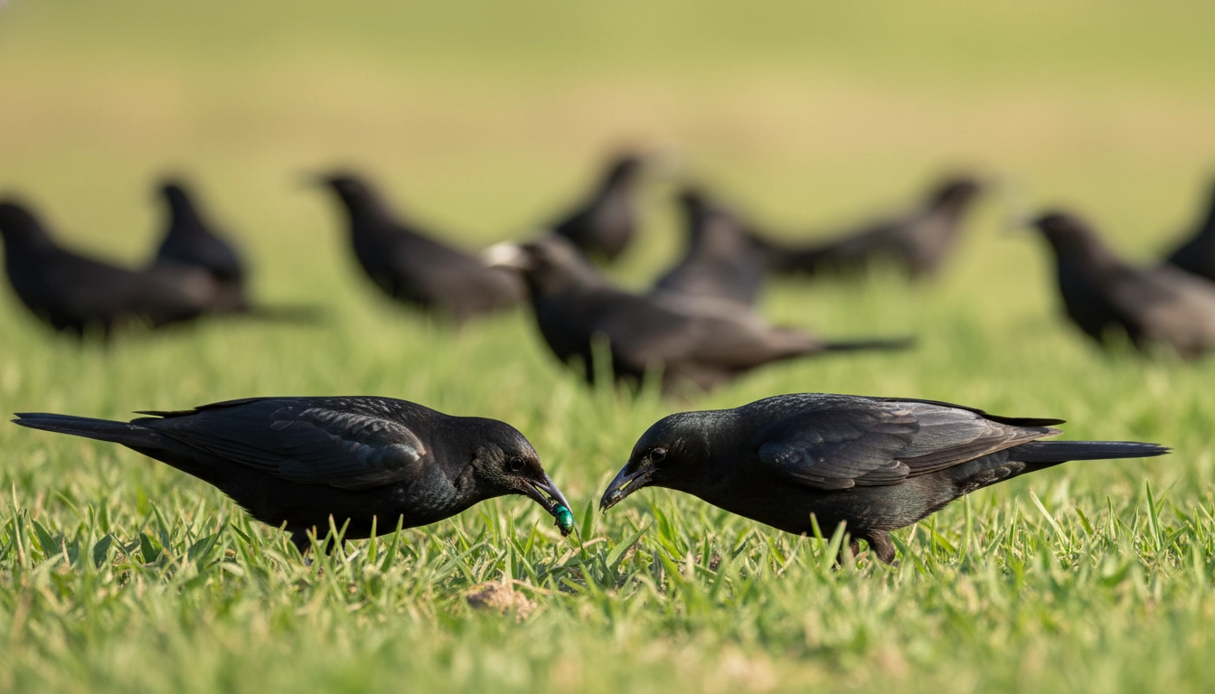 A large group of blackbirds foraging for insects in a lush green meadow.