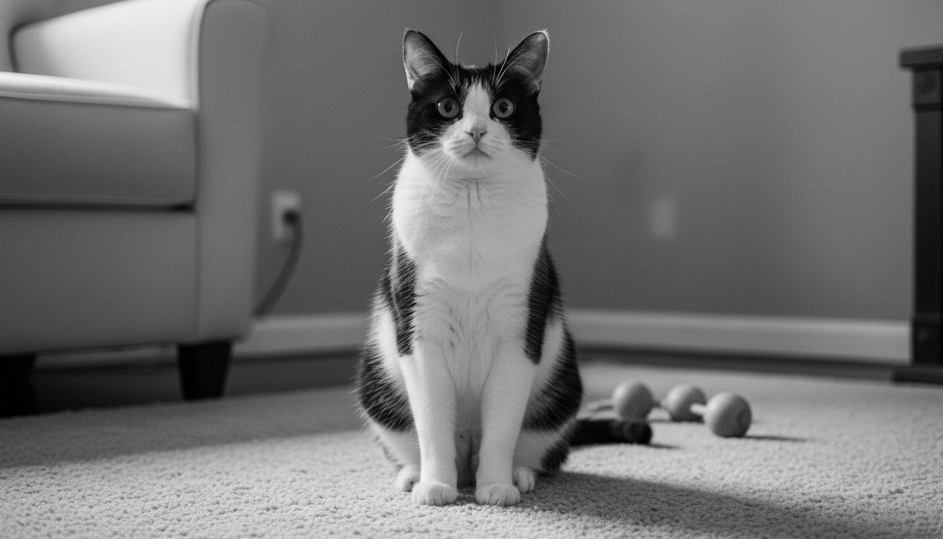 A cat sitting tensely on a rug, looking toward the camera with caution, representing the early stages of the 3-3-3 rule for cats.