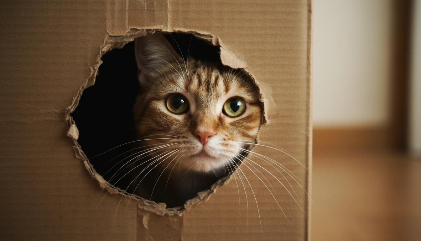 A rescue cat tucked inside a cardboard box in a quiet room, showing the initial decompression phase of the 3-3-3 rule.