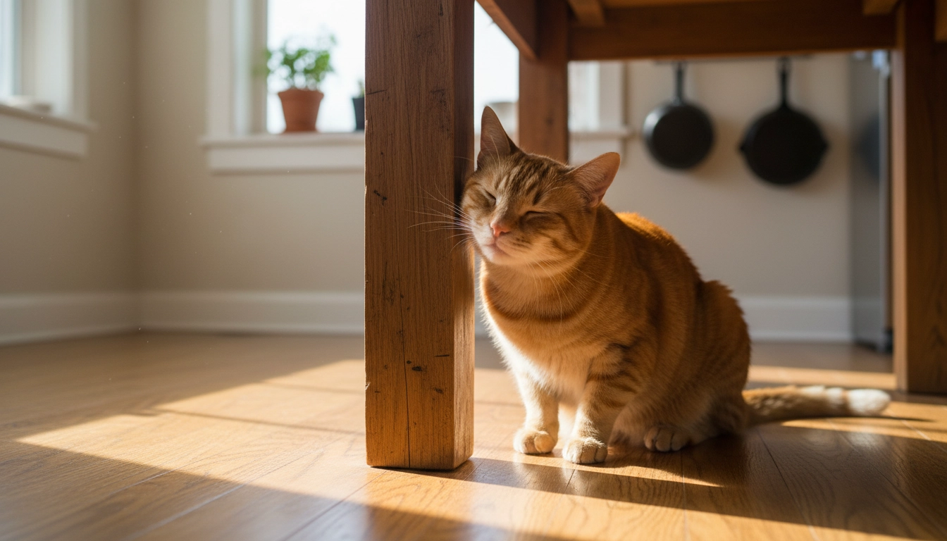 A cat rubbing its cheek against the corner of a wooden chair to mark its scent during the three-week adjustment phase.