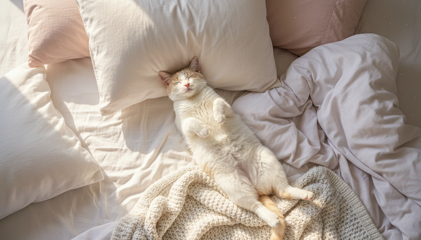 A happy, relaxed cat stretched out on a soft blanket, showing the final stage of trust in the 3-3-3 rule for cats.